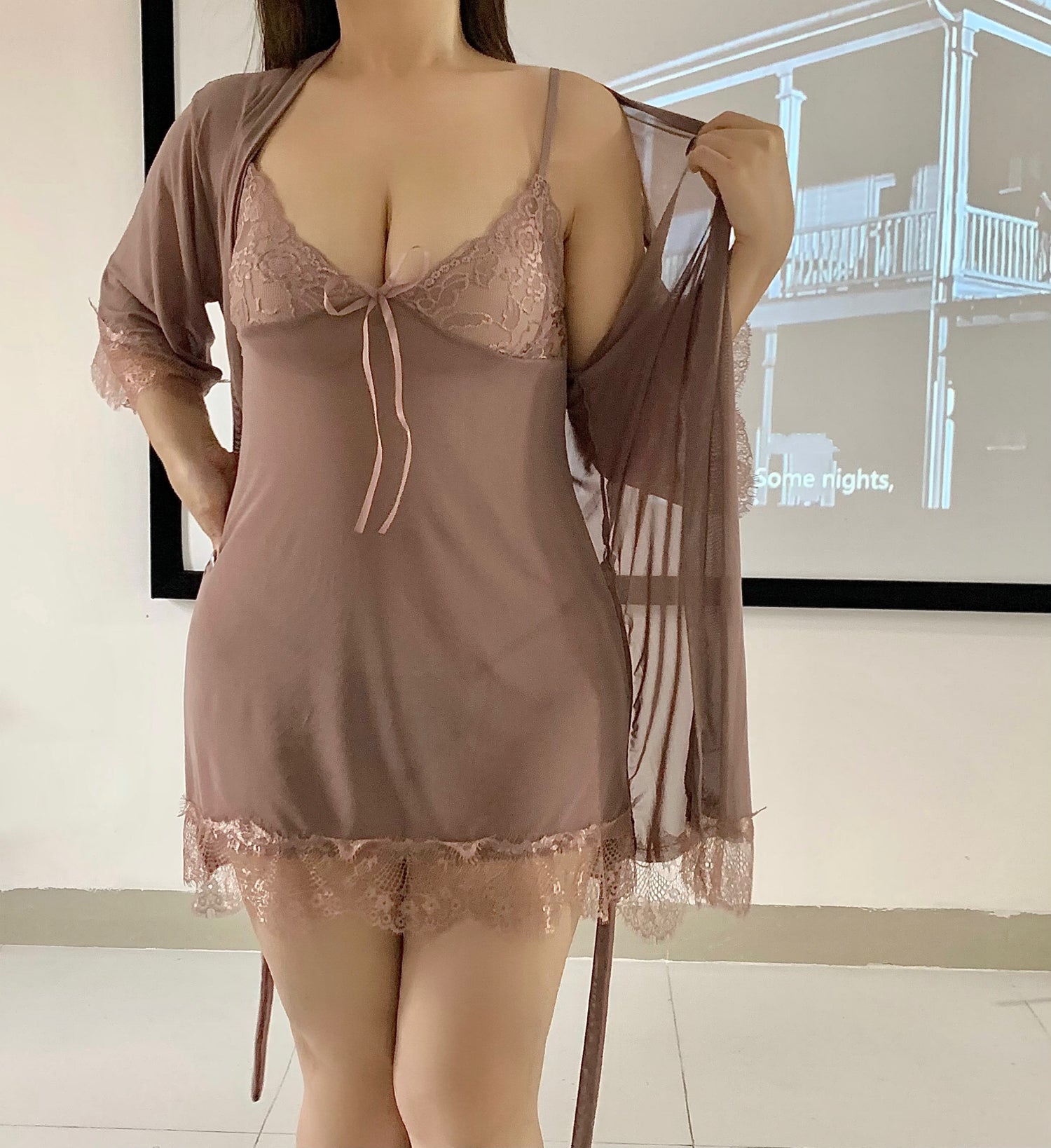 Mocha lace babydoll and robe set