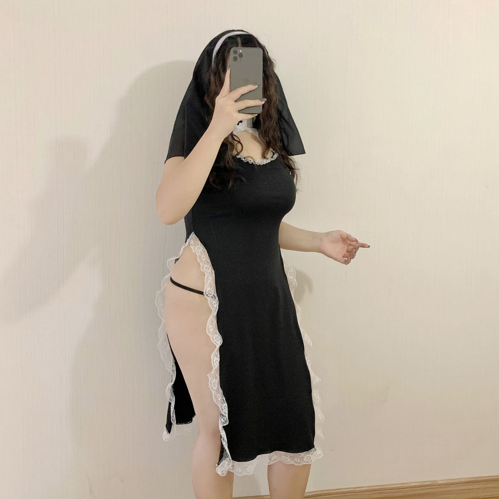 Lace-Trim High Slit Dress Set with Headpiece - Front