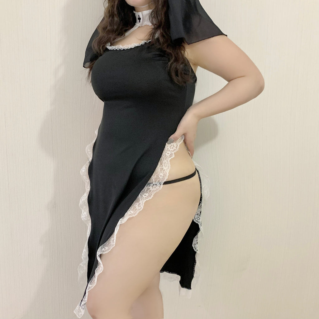 Lace-Trim High Slit Dress Set with Headpiece - Side