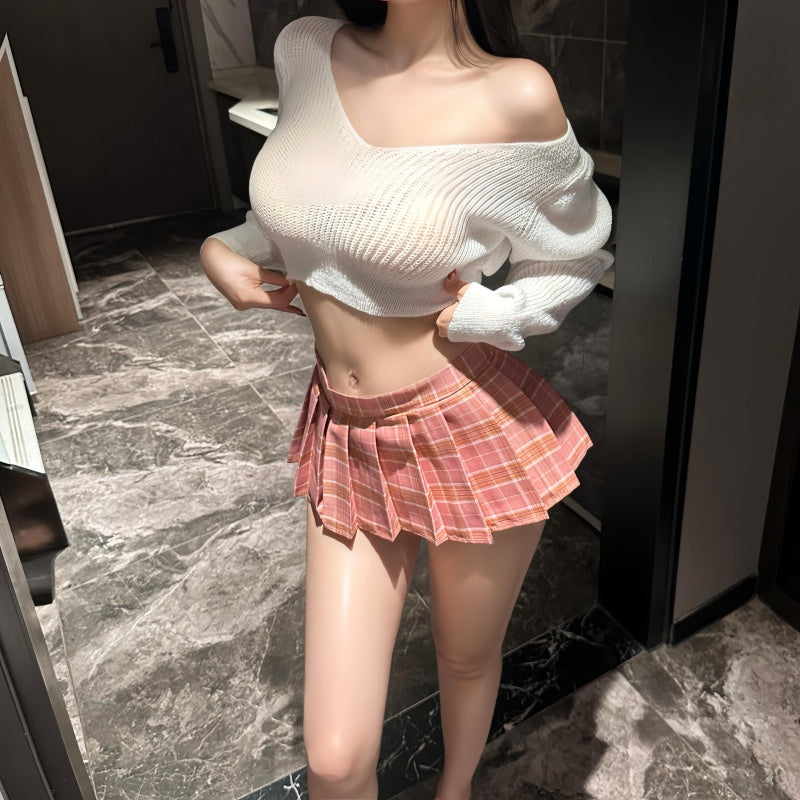 Plaid Mini Skirt & Off-Shoulder Sweater Set - White front