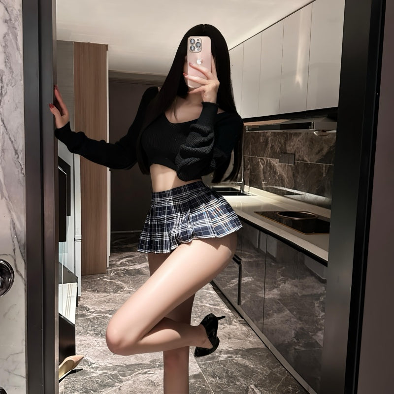 Plaid Mini Skirt & Off-Shoulder Sweater Set