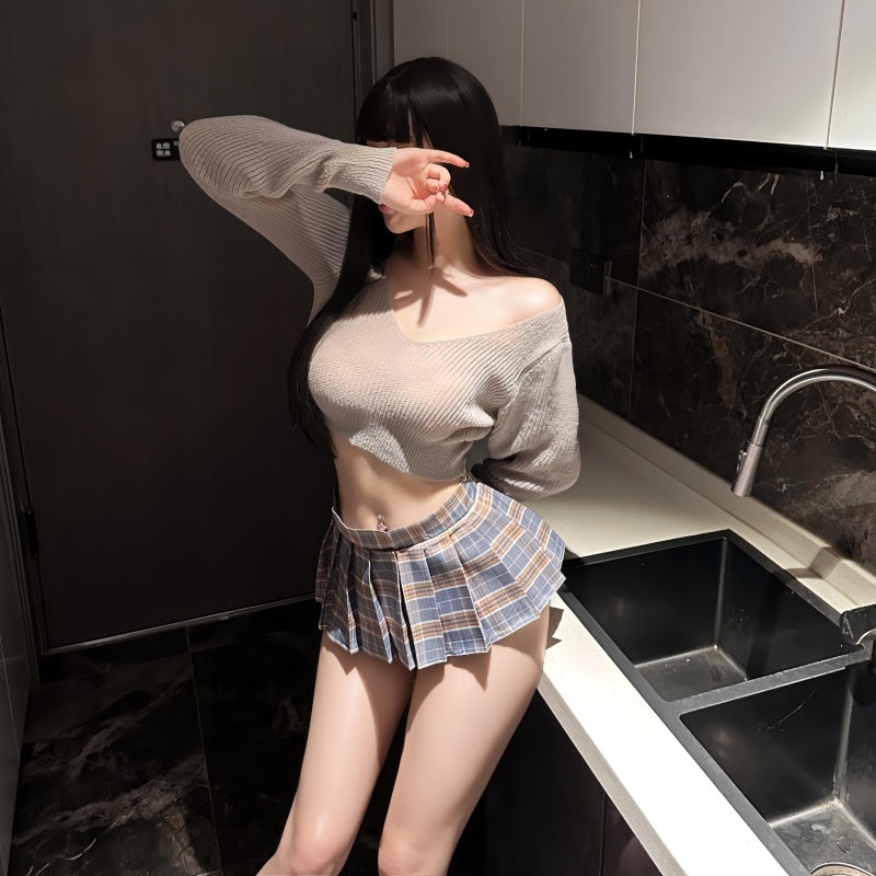 Plaid Mini Skirt & Off-Shoulder Sweater Set - Gray