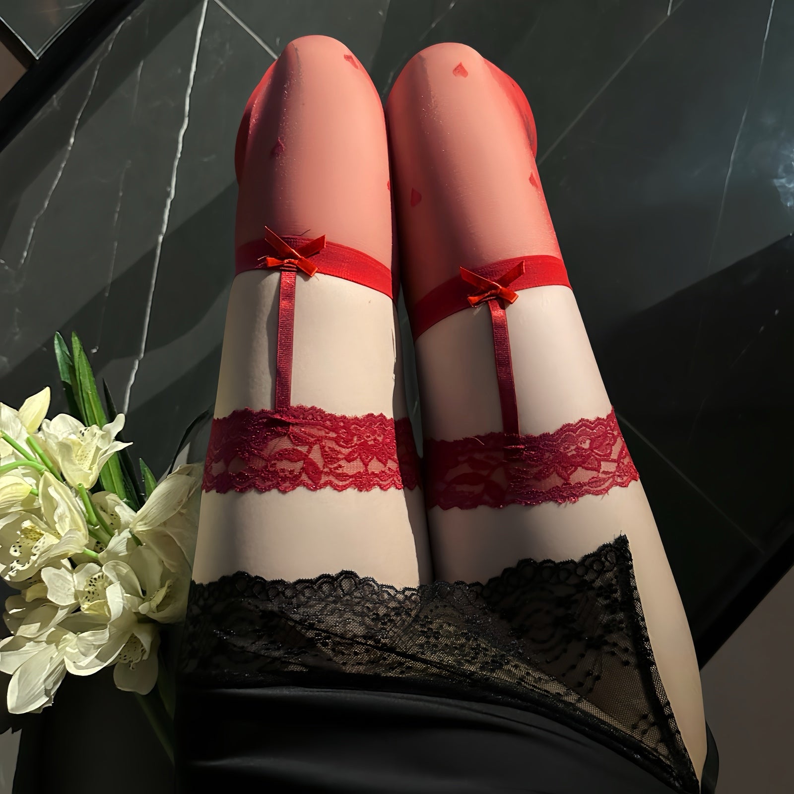 Lace Top Thigh-High Stockings with Bow
